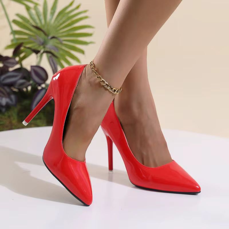 Elegant Nude Patent Leather Pointed Toe Stiletto High Heels