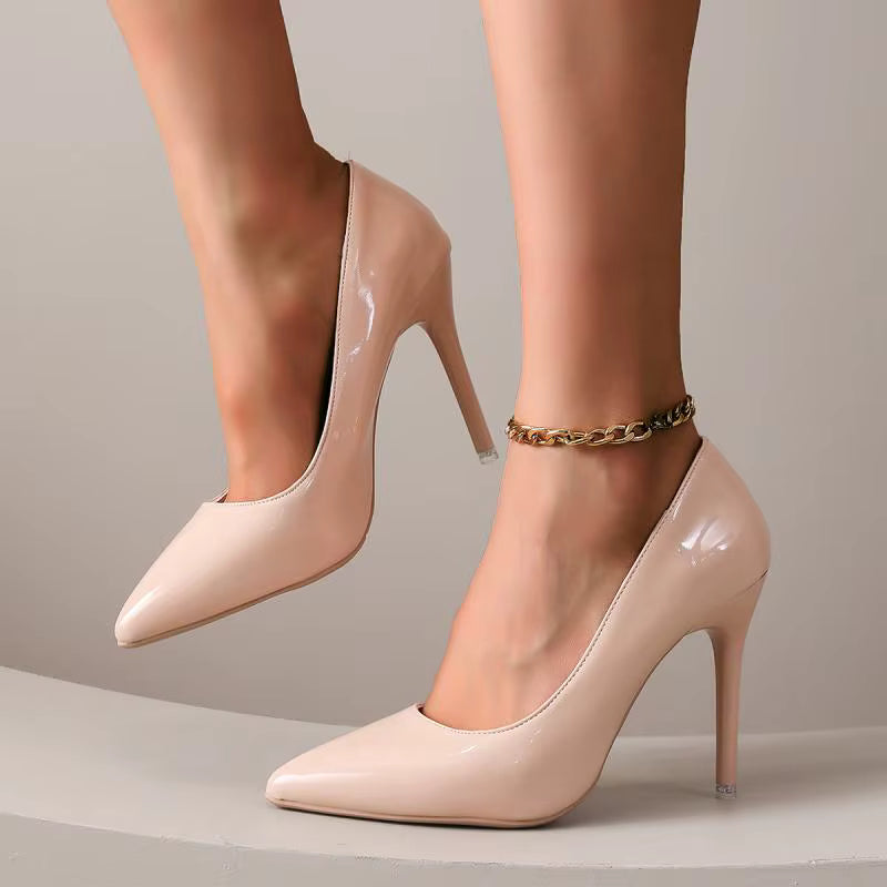 Elegant Nude Patent Leather Pointed Toe Stiletto High Heels