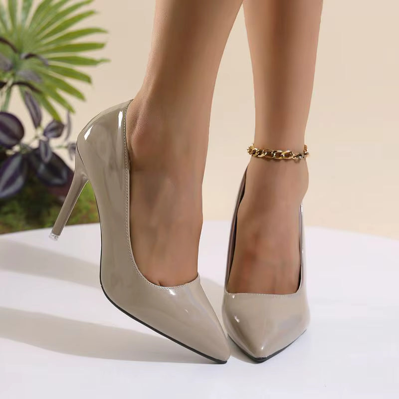 Elegant Nude Patent Leather Pointed Toe Stiletto High Heels