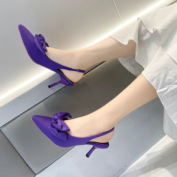 Elegant Open Bow Tie Low Pointed Back Strap Stiletto High Heels