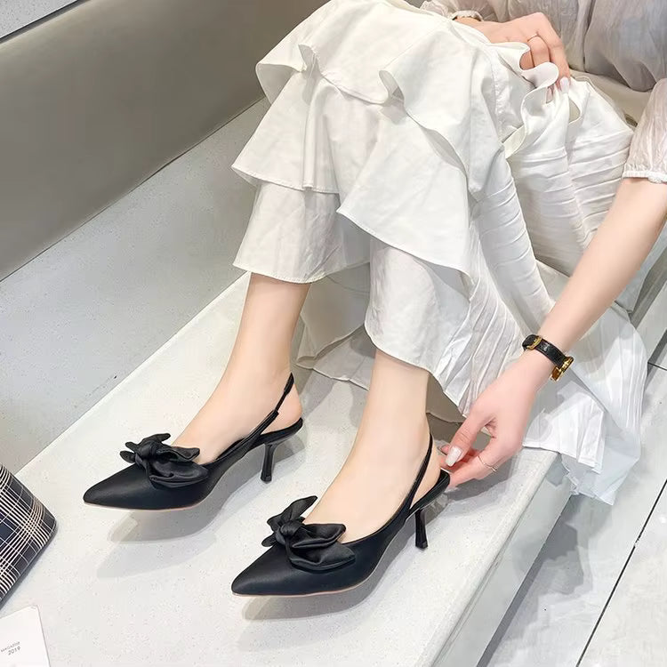 Elegant Open Bow Tie Low Pointed Back Strap Stiletto High Heels