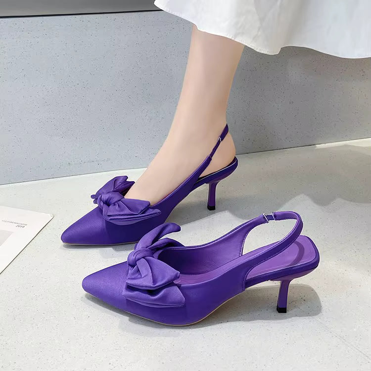 Elegant Open Bow Tie Low Pointed Back Strap Stiletto High Heels