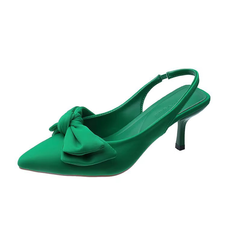 Elegant Open Bow Tie Low Pointed Back Strap Stiletto High Heels