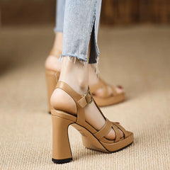 Elegant Open Toe Chunky Leather Platform High Heels Sandals