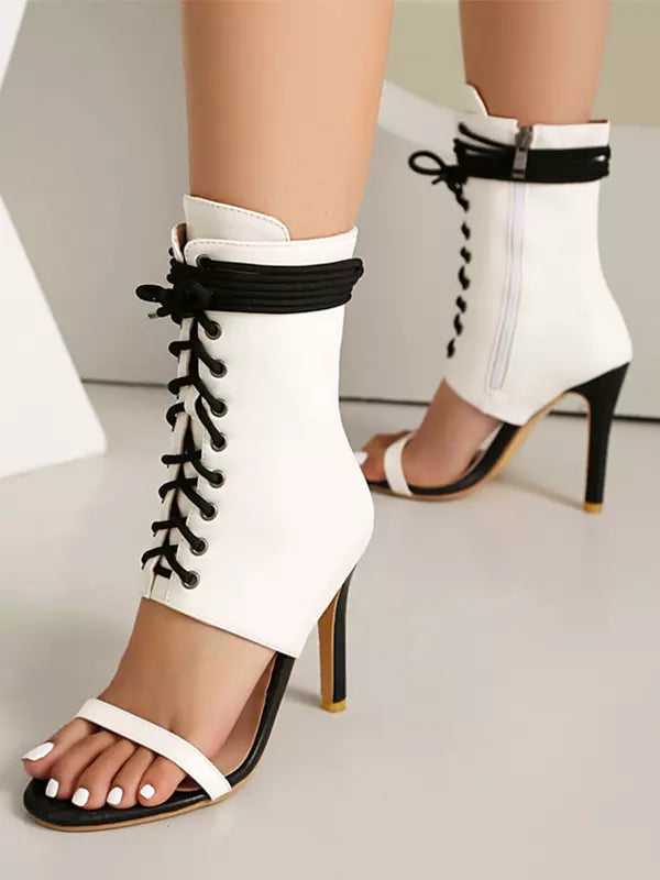 Elegant Open Toe Lace Up Daily Casual High Heel Booties