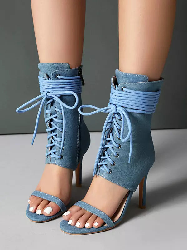 Elegant Open Toe Lace Up Daily Casual High Heel Booties