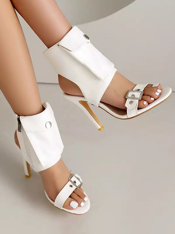 Elegant Open Toe Pocket Polyurethane Detail Denim High Heel