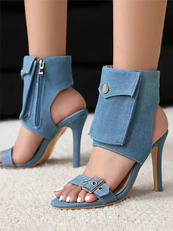 Elegant Open Toe Pocket Polyurethane Detail Denim High Heel