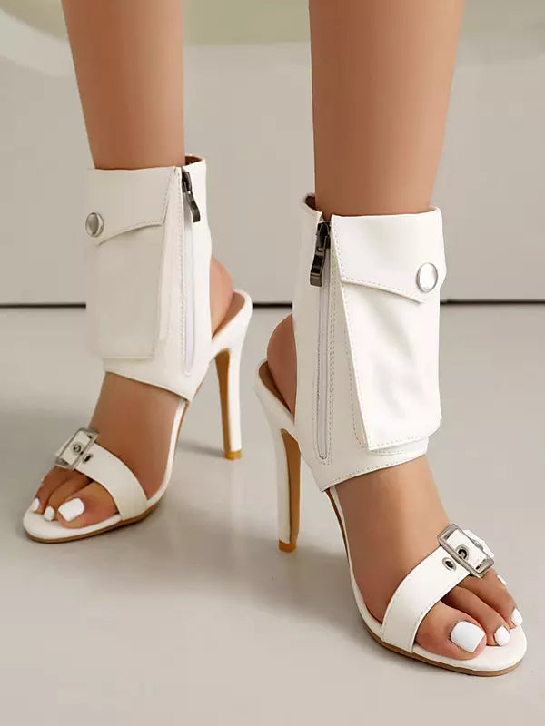 Elegant Open Toe Pocket Polyurethane Detail Denim High Heel