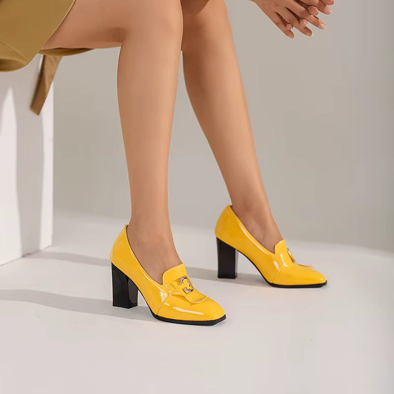 Elegant PU Patent Leather Pumps Thick Stiletto High Heels
