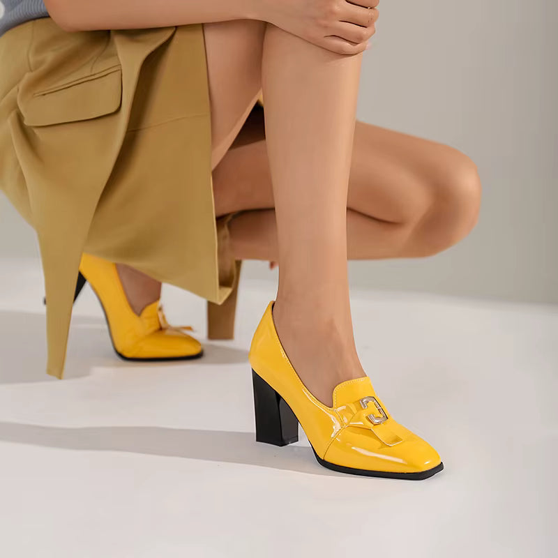 Elegant PU Patent Leather Pumps Thick Stiletto High Heels