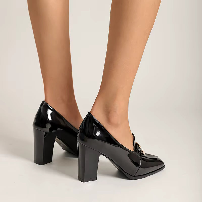 Elegant PU Patent Leather Pumps Thick Stiletto High Heels