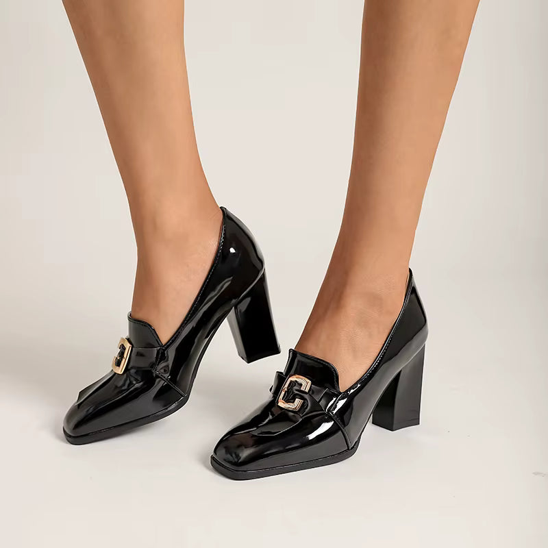 Elegant PU Patent Leather Pumps Thick Stiletto High Heels