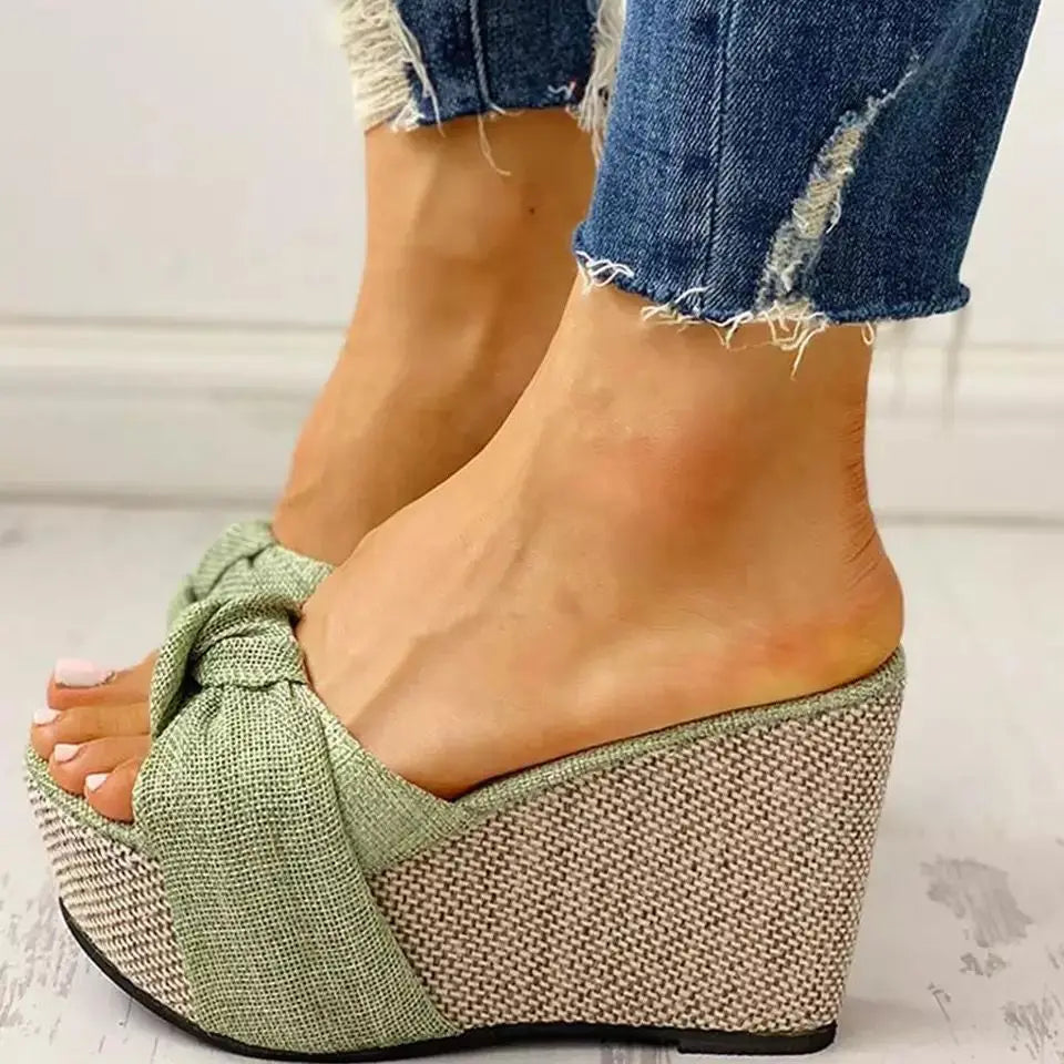 Elegant Patchwork Butterfly-knot Wedge Fish Mouth High Heels Sandals