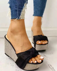 Elegant Patchwork Butterfly-knot Wedge Fish Mouth High Heels Sandals