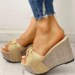 Elegant Patchwork Butterfly-knot Wedge Fish Mouth High Heels Sandals