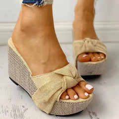 Elegant Patchwork Butterfly-knot Wedge Fish Mouth High Heels Sandals