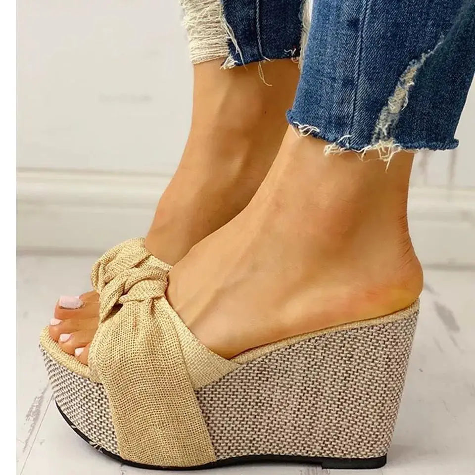 Elegant Patchwork Butterfly-knot Wedge Fish Mouth High Heels Sandals