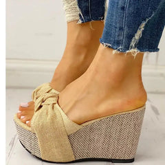 Elegant Patchwork Butterfly-knot Wedge Fish Mouth High Heels Sandals
