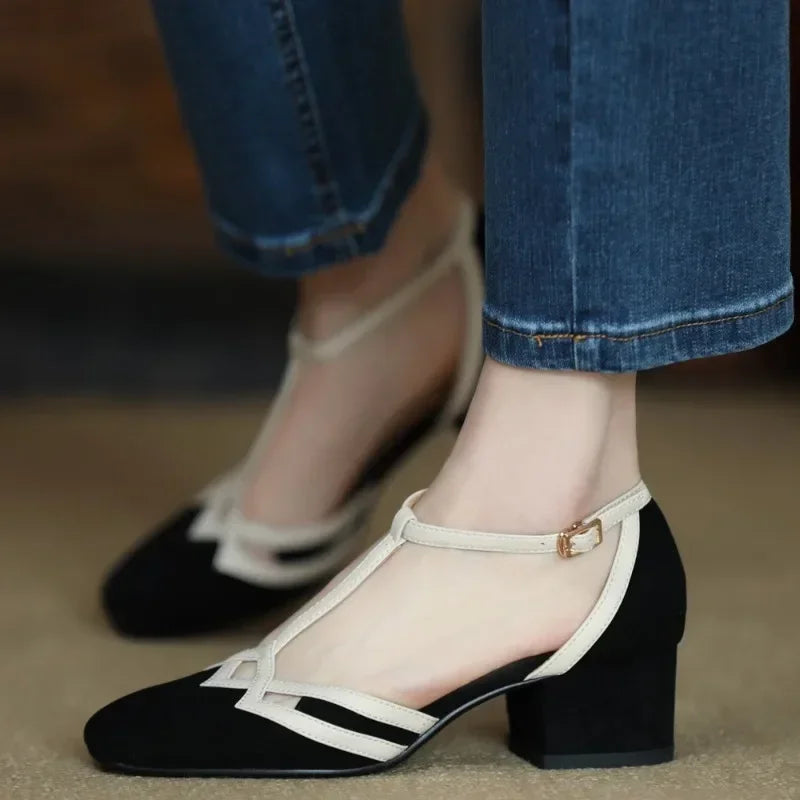 Elegant Office Style Patchwork Chunky Slides Pumps Sling-back Sandals