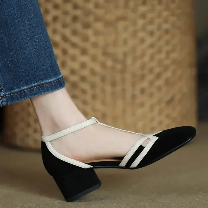 Elegant Office Style Patchwork Chunky Slides Pumps Sling-back Sandals