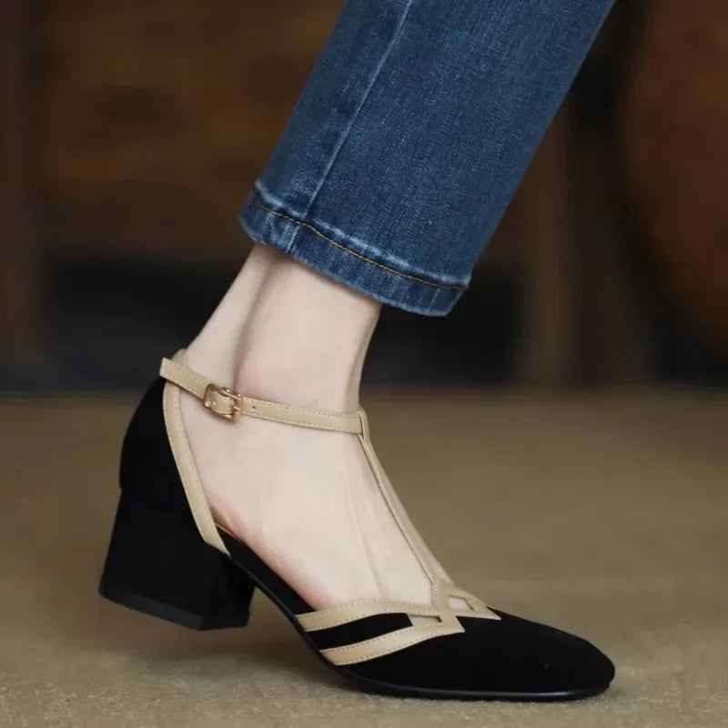 Elegant Office Style Patchwork Chunky Slides Pumps Sling-back Sandals