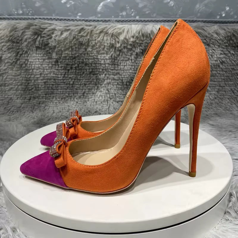 Elegant Patchwork Flock Pointy Toe Stiletto Pumps High Heel Shoes