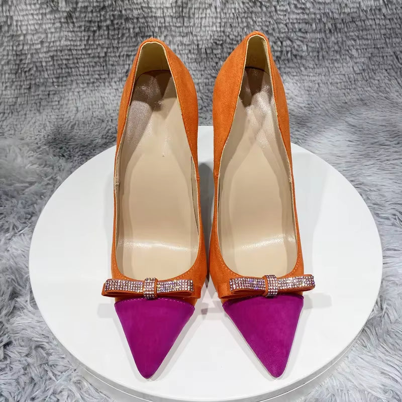Elegant Patchwork Flock Pointy Toe Stiletto Pumps High Heel Shoes