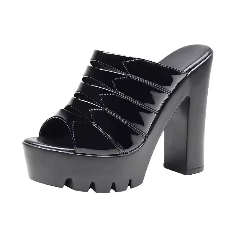 Elegant Patent Leather Block Heel Platform High Heels