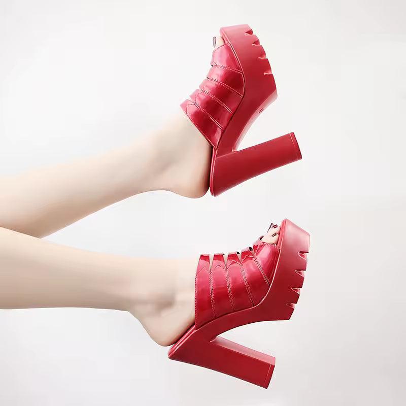 Elegant Patent Leather Block Heel Platform High Heels