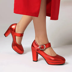 Elegant Patent Leather Platform Buckle Strap Wedding Party High Heel Pumps