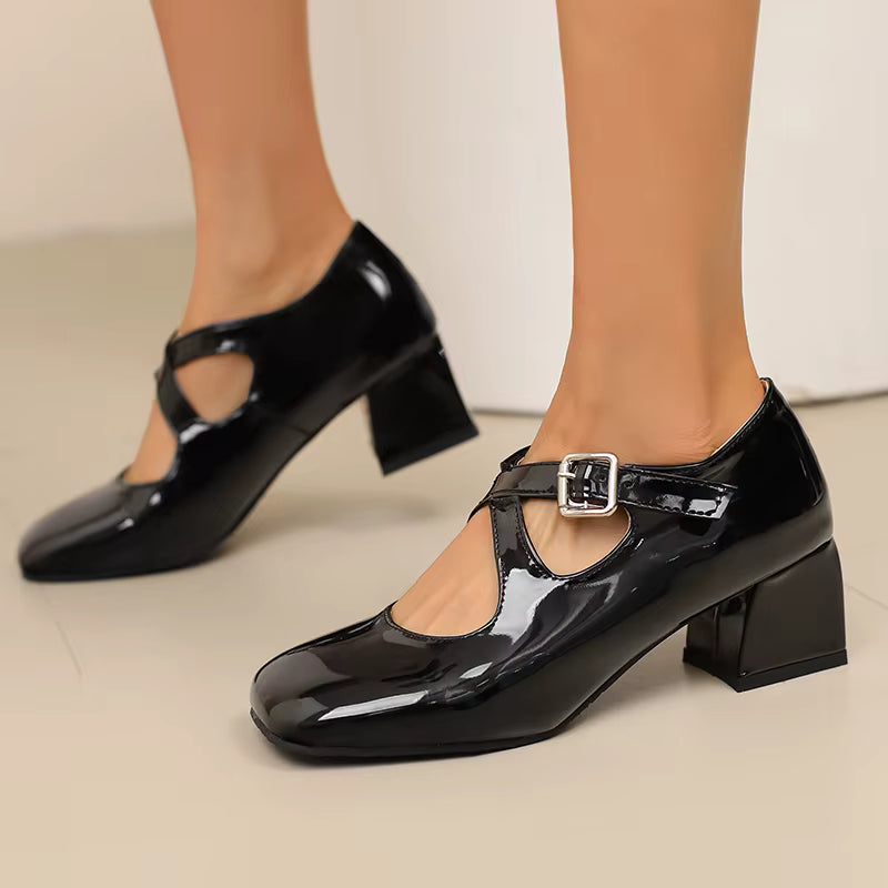 Elegant Patent Leather Pumps Buckle Strap Heels