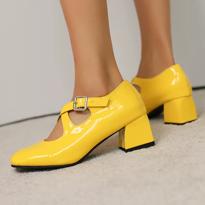 Elegant Patent Leather Pumps Buckle Strap Heels