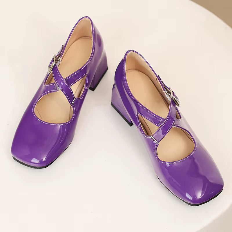 Elegant Patent Leather Pumps Buckle Strap Heels