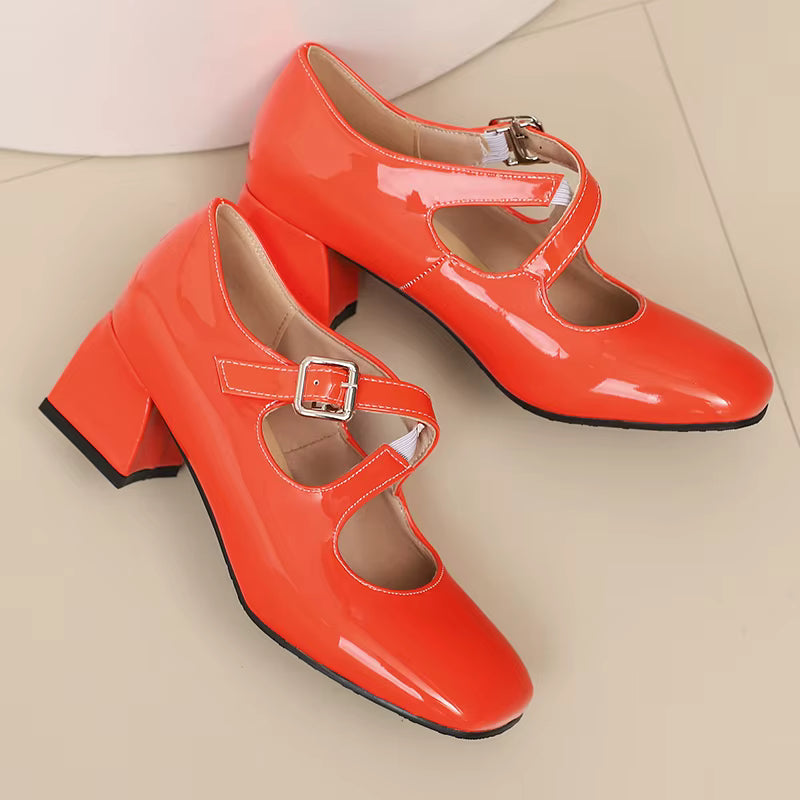 Elegant Patent Leather Pumps Buckle Strap Heels