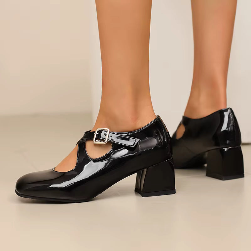 Elegant Patent Leather Pumps Buckle Strap Heels