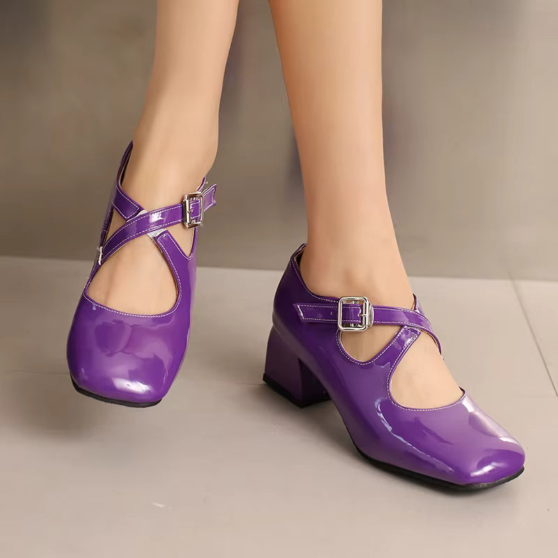 Elegant Patent Leather Pumps Buckle Strap Heels