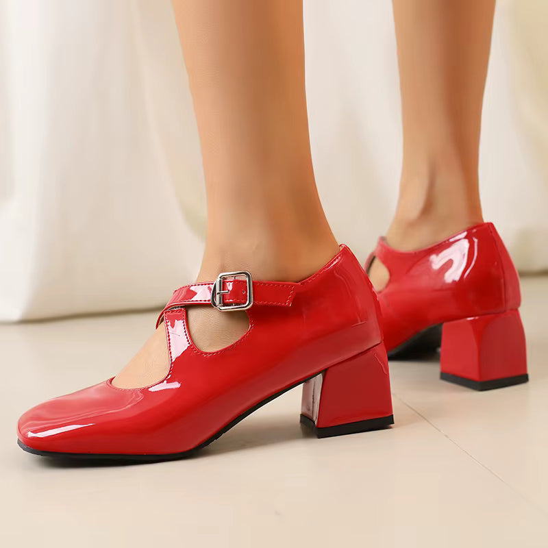 Elegant Patent Leather Pumps Buckle Strap Heels
