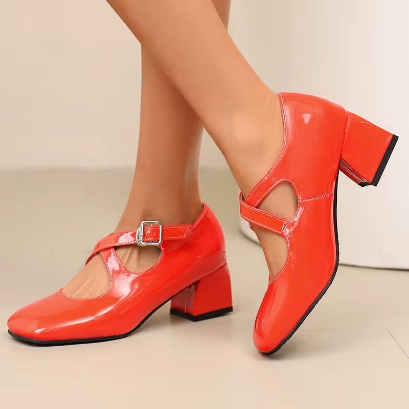 Elegant Patent Leather Pumps Buckle Strap Heels