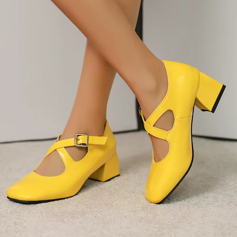 Elegant Patent Leather Pumps Buckle Strap Heels