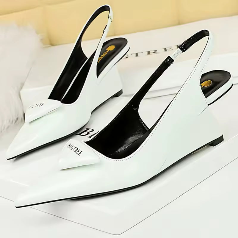 Elegant Patent Leather Pumps Hollow Back Strap High Heels Wedges Sandals