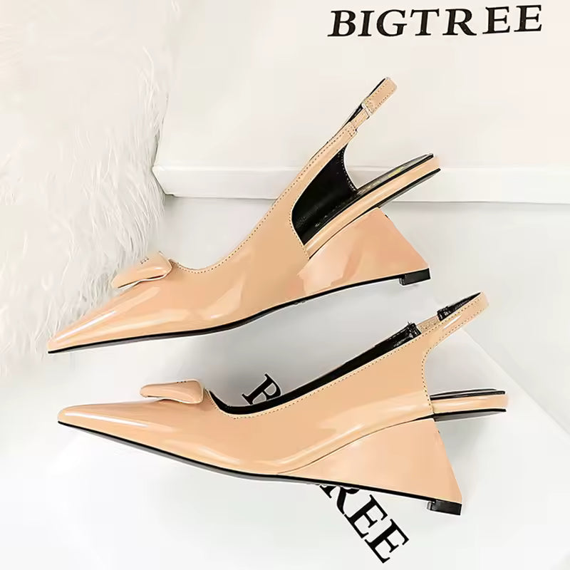 Elegant Patent Leather Pumps Hollow Back Strap High Heels Wedges Sandals