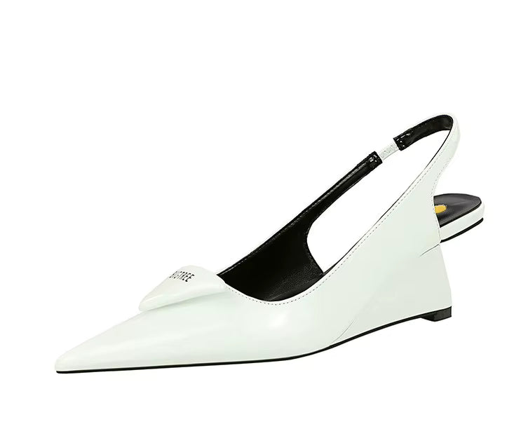 Elegant Patent Leather Pumps Hollow Back Strap High Heels Wedges Sandals