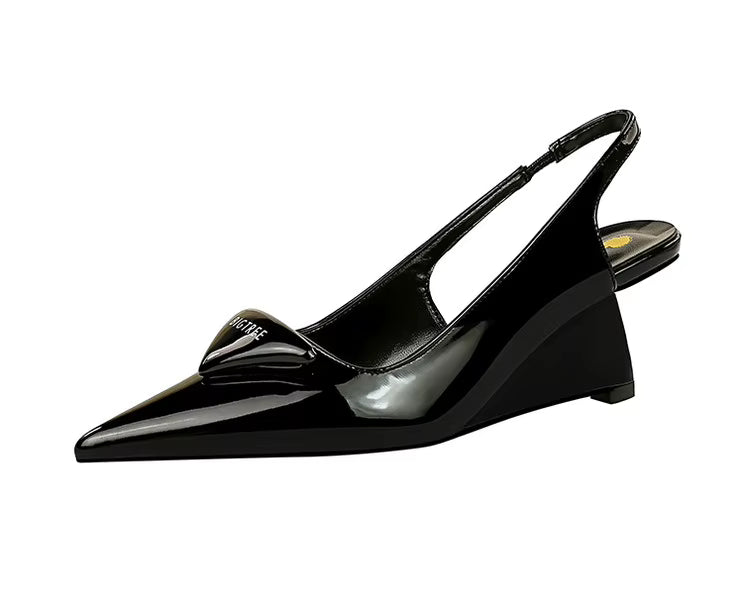 Elegant Patent Leather Pumps Hollow Back Strap High Heels Wedges Sandals