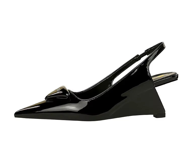 Elegant Patent Leather Pumps Hollow Back Strap High Heels Wedges Sandals