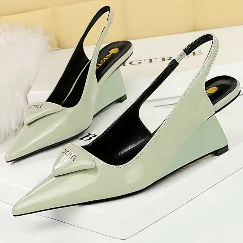 Elegant Patent Leather Pumps Hollow Back Strap High Heels Wedges Sandals