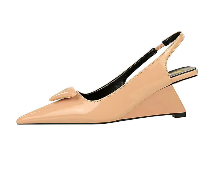 Elegant Patent Leather Pumps Hollow Back Strap High Heels Wedges Sandals