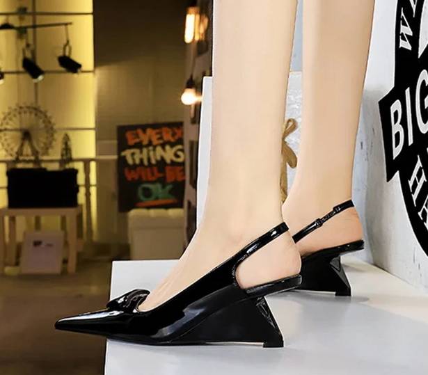 Elegant Patent Leather Shallow Cut Pointed Hollow Back Strap High Heeled Sandal