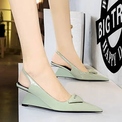 Elegant Patent Leather Shallow Cut Pointed Hollow Back Strap High Heeled Sandal