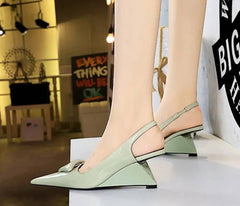 Elegant Patent Leather Shallow Cut Pointed Hollow Back Strap High Heeled Sandal
